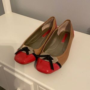 Bandolino flats. Red and tan leather. Silver buckle with black accent bow